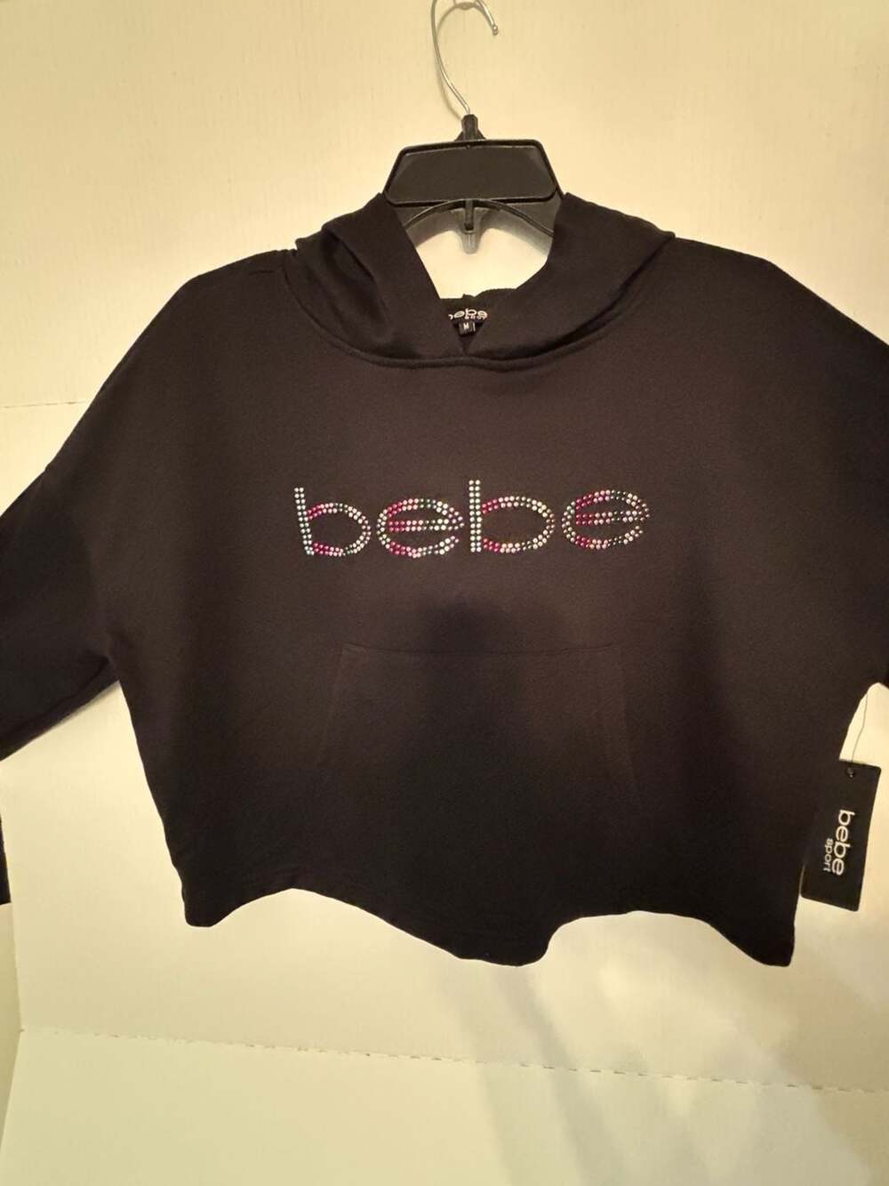 Bebe Sport Cropped Hoodie Size M Black Rhinestone Logo